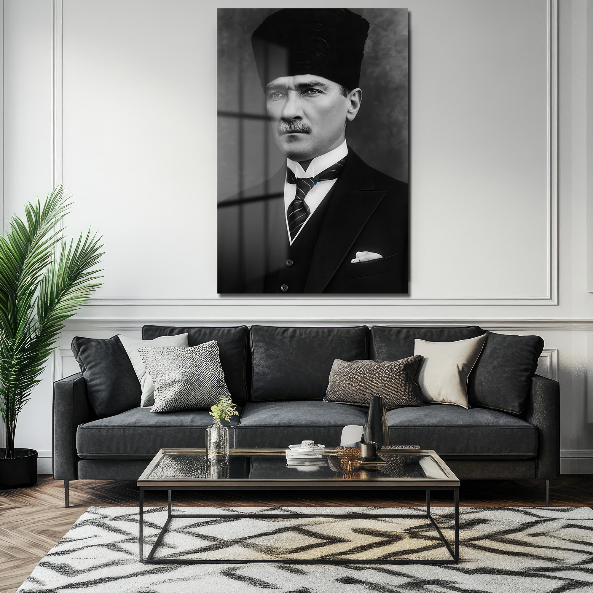 Atatürk'ün Asil Bakışı: Siyah Beyaz Temperli Cam Tablo