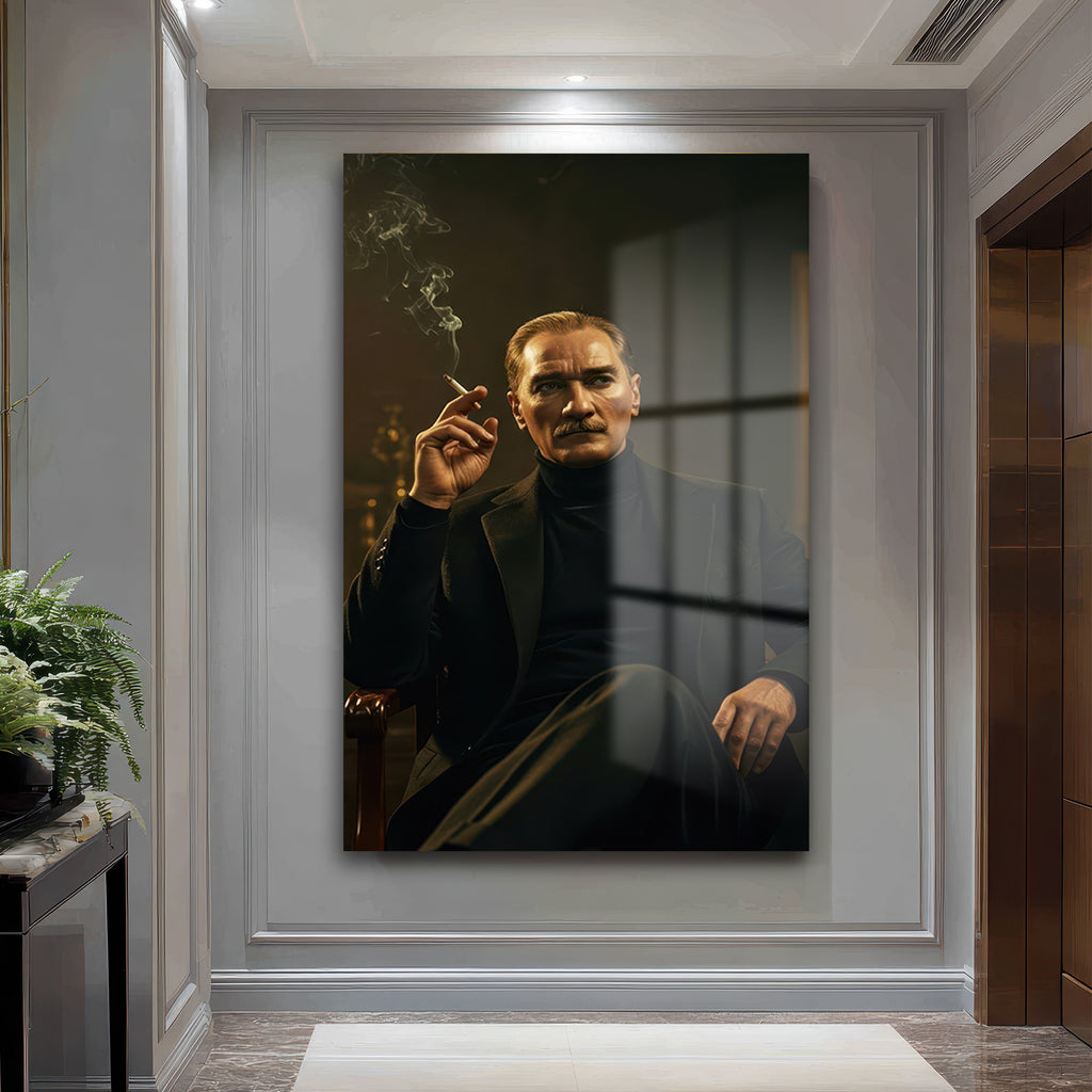 Atatürk Portresi Siyah Takım Elbiseli Cam Tablo