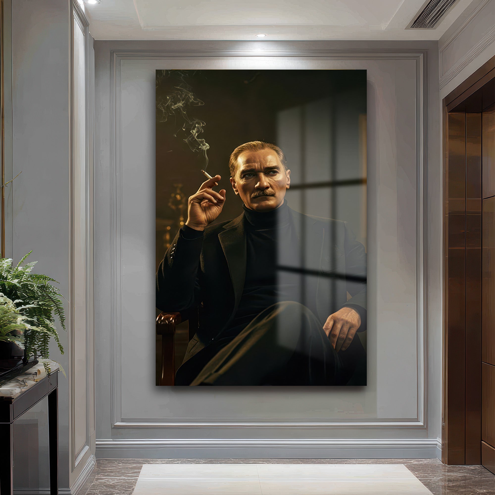 Atatürk Portresi Siyah Takım Elbiseli Cam Tablo