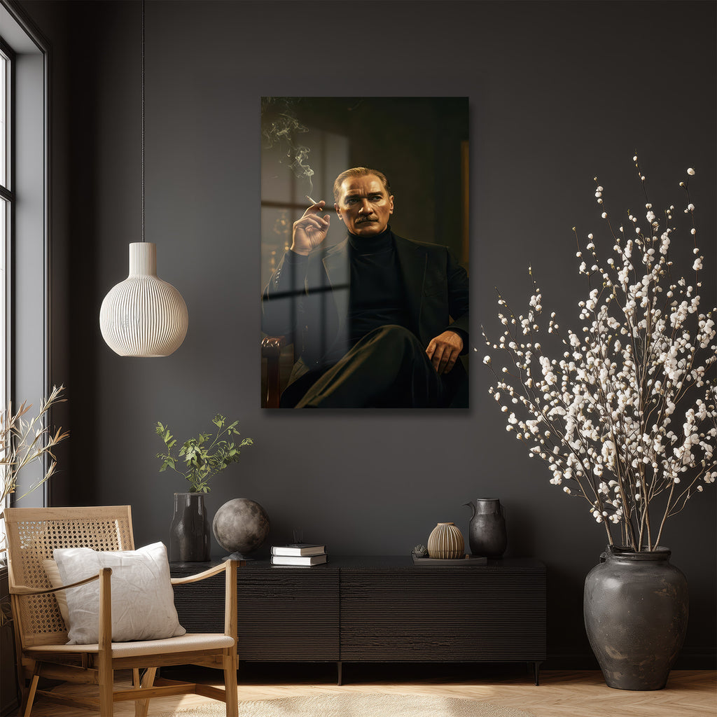Atatürk Portresi Siyah Takım Elbiseli Cam Tablo