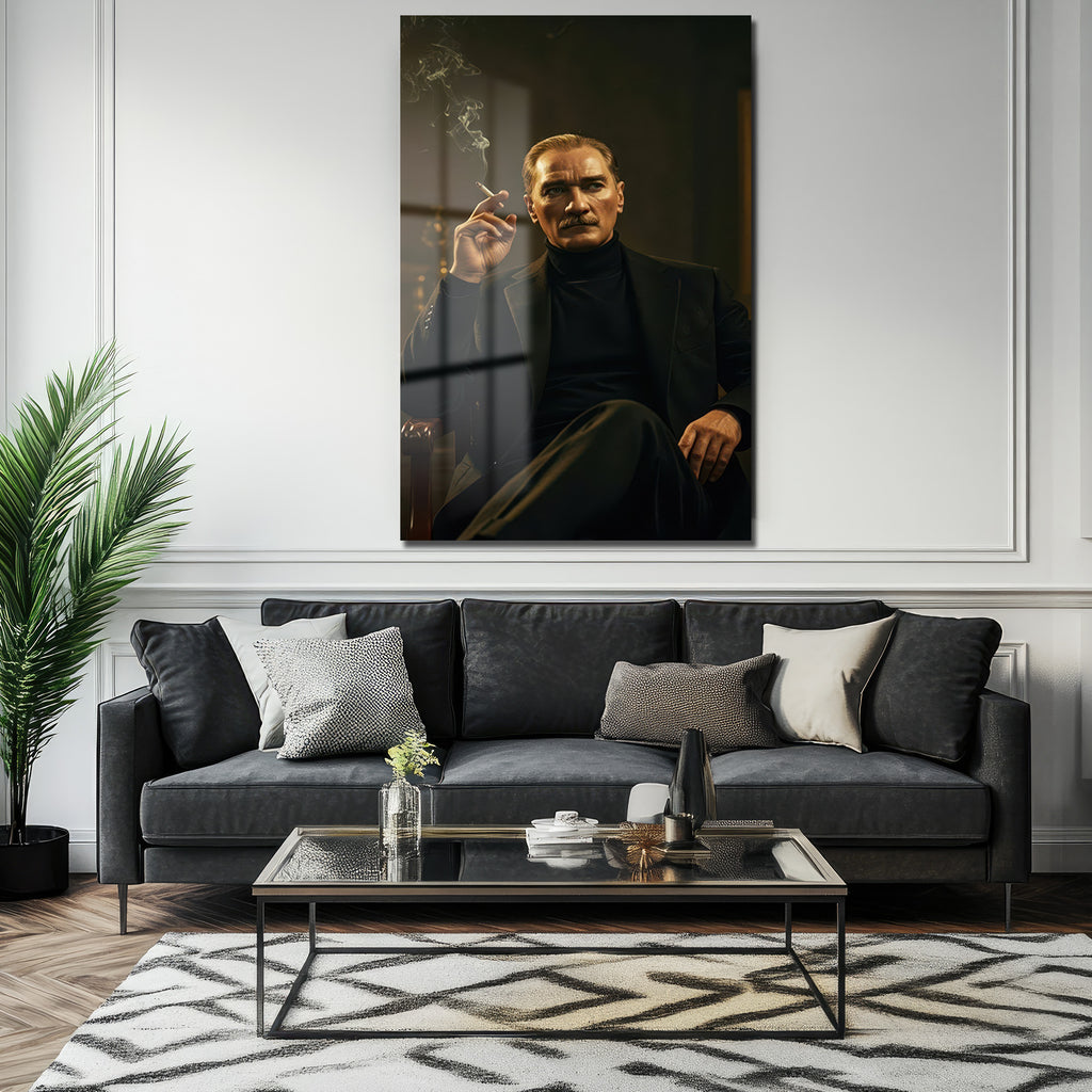 Atatürk Portresi Siyah Takım Elbiseli Cam Tablo