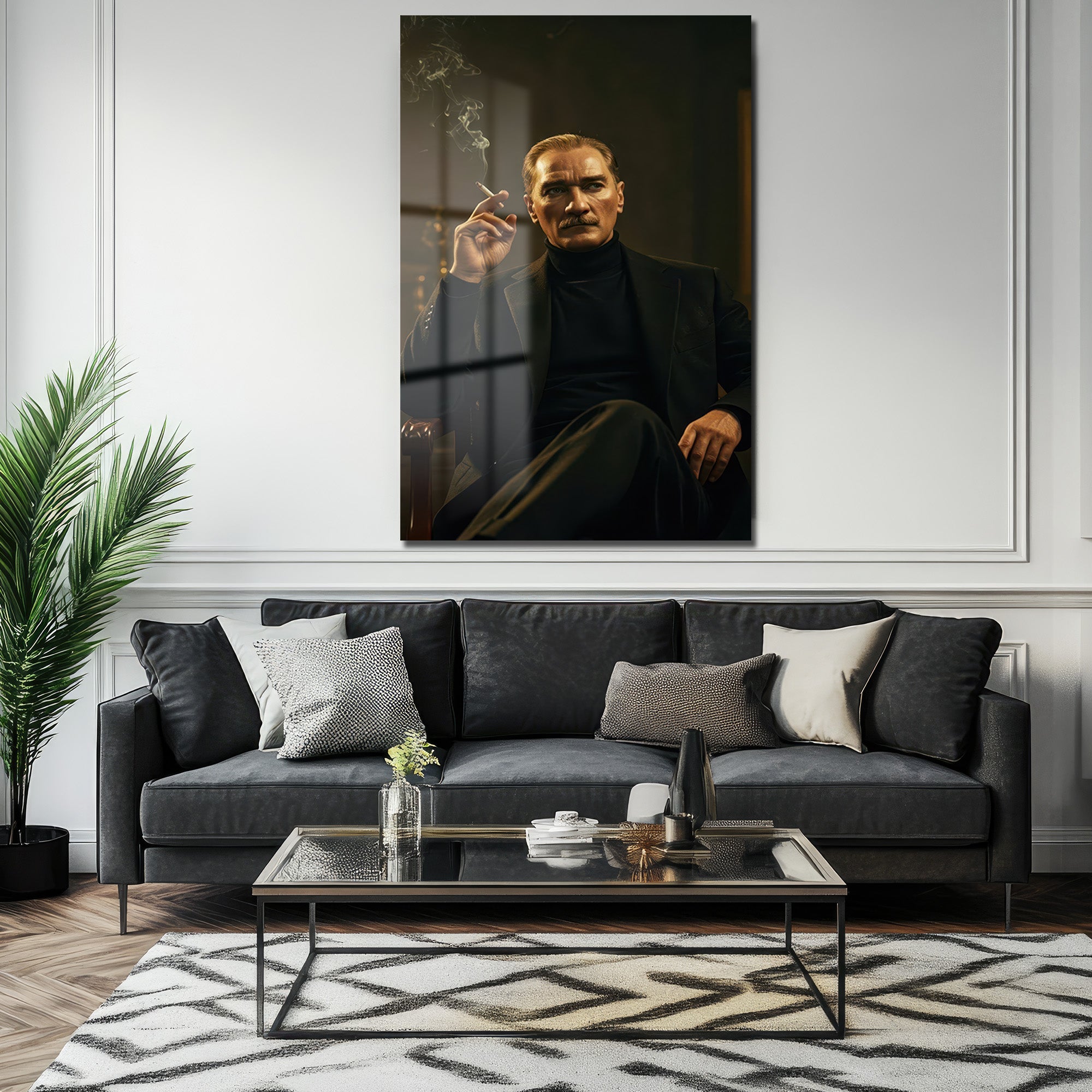 Atatürk Portresi Siyah Takım Elbiseli Cam Tablo