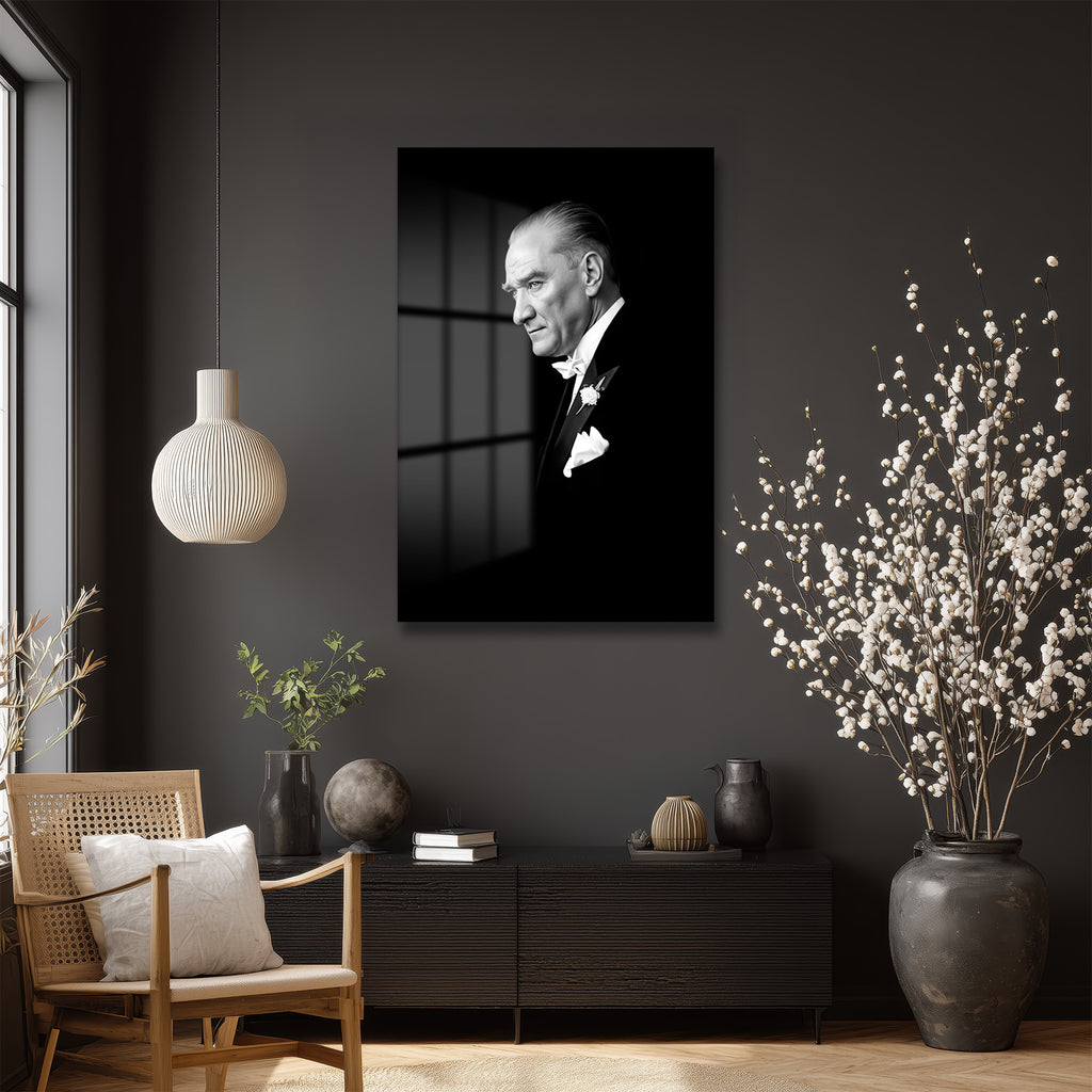 Atatürk'ün Vakur Bakışı: Siyah Beyaz Lider Portresi Cam Tablo
