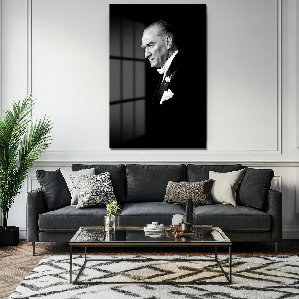 Atatürk'ün Vakur Bakışı: Siyah Beyaz Lider Portresi Cam Tablo