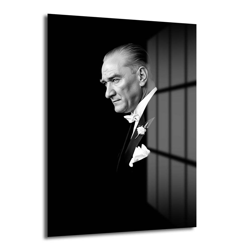 Mustafa Kemal Atatürk'ün siyah beyaz, şık bir smokinle sol tarafa doğru baktığı, vakur ve düşünceli bir ifadeye sahip, cam üzerine basılmış portre tablosu. Arka plan koyu tonlarda olup, sağda dikey çizgilerle hafifçe aydınlatılmış bir pencere detayı görülmektedir.