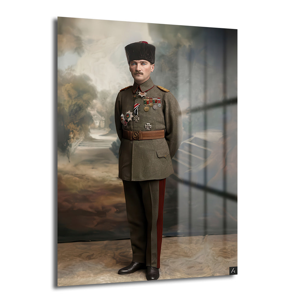 Askeri üniforması, madalyaları ve kalpağıyla asil bir duruş sergileyen Mustafa Kemal Atatürk'ün sanatsal portresi. Arka planda dumanlı, dramatik bir atmosfer ve belirsiz bir yapı detayı bulunuyor. Ürün, duvara asılmaya uygun bir cam tablodur.