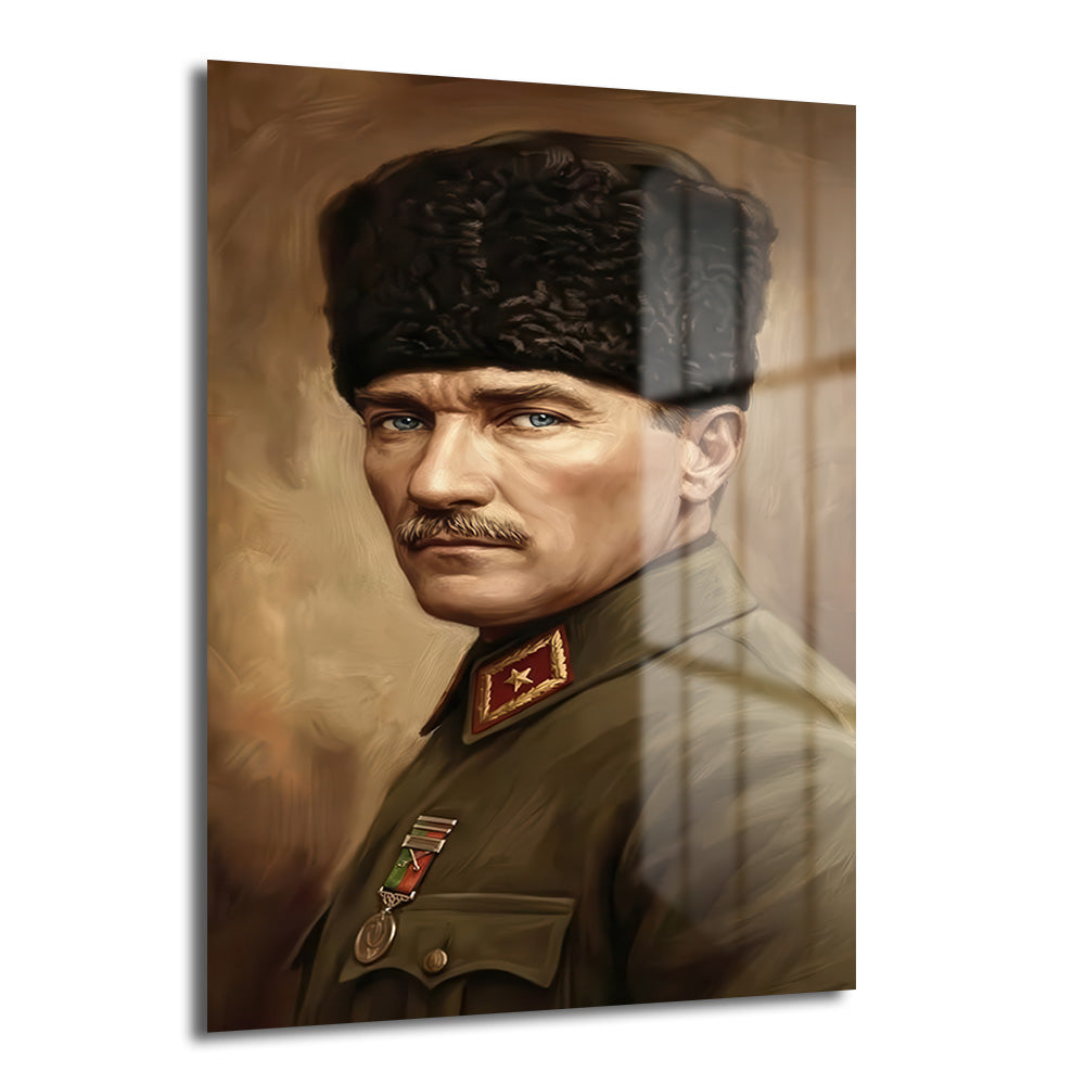 Mustafa Kemal Atatürk'ün askeri üniforması ve kalpak şapkasıyla, mavi gözleriyle ileriye bakan, kararlı ve lider duruşunu yansıtan sanatsal bir portre cam tablo.