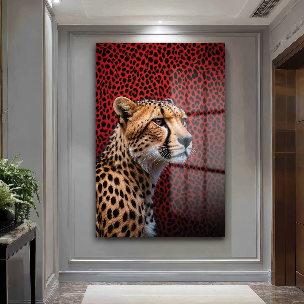 Vahşi Çita Kırmızı Leopar Desenli Modern Cam Tablo