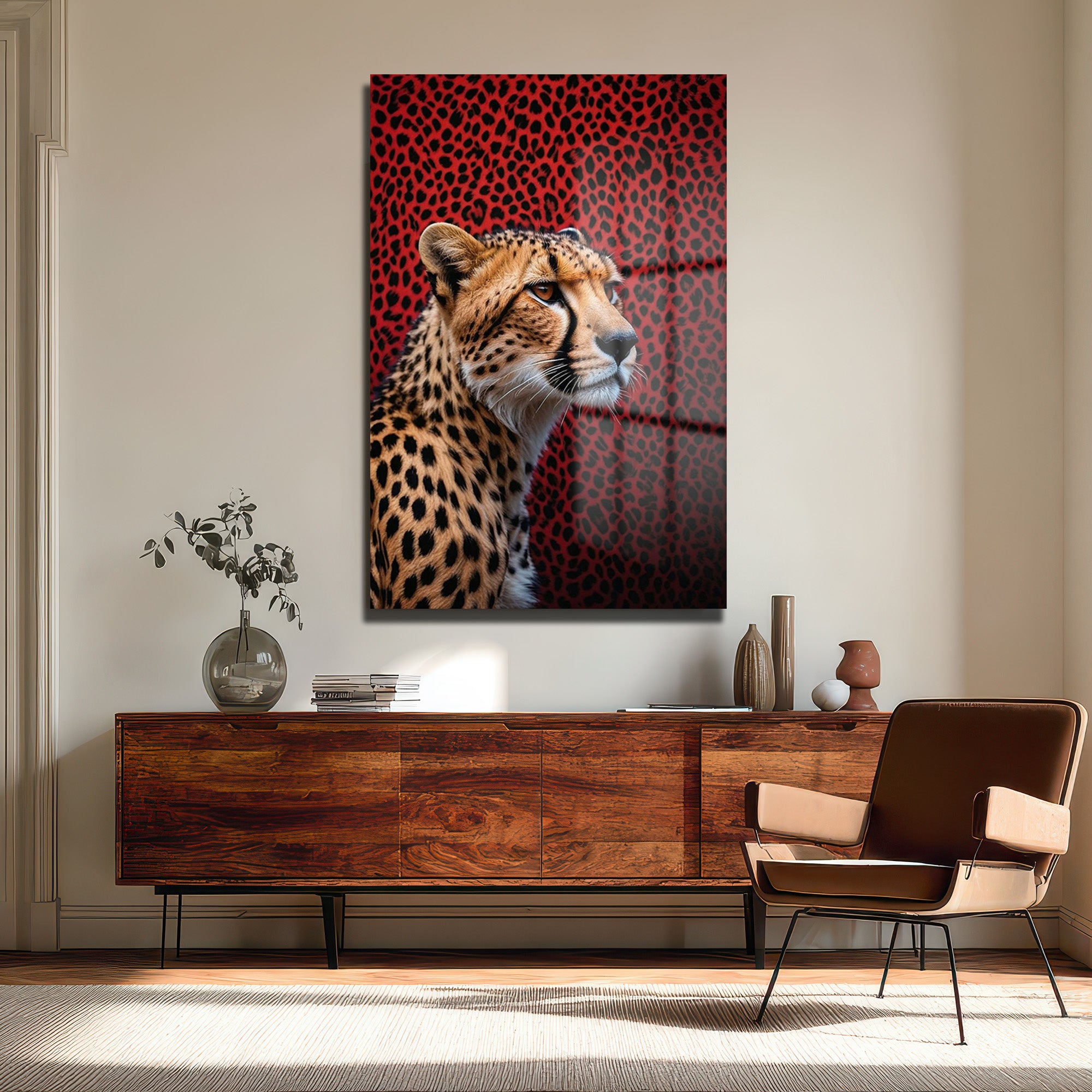 Vahşi Çita Kırmızı Leopar Desenli Modern Cam Tablo