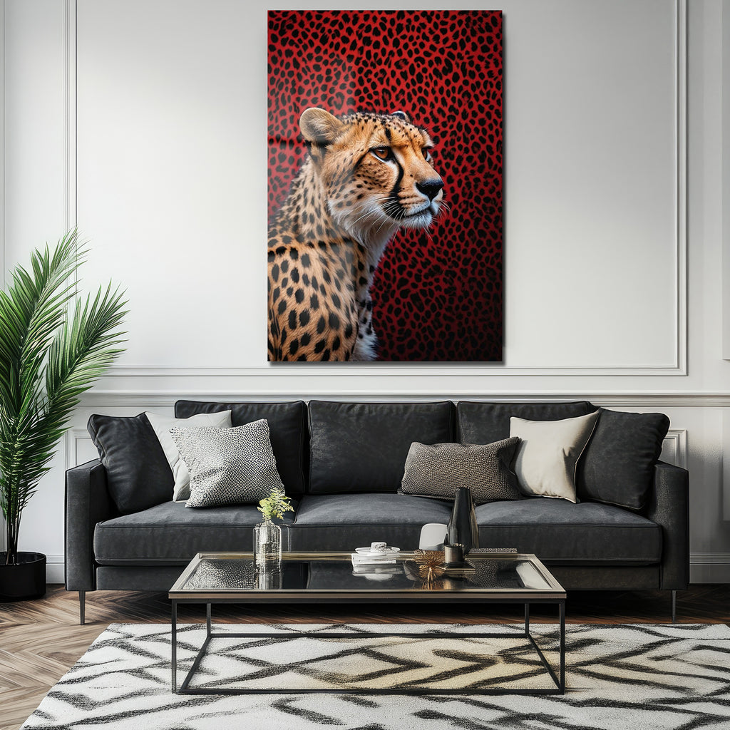 Vahşi Çita Kırmızı Leopar Desenli Modern Cam Tablo
