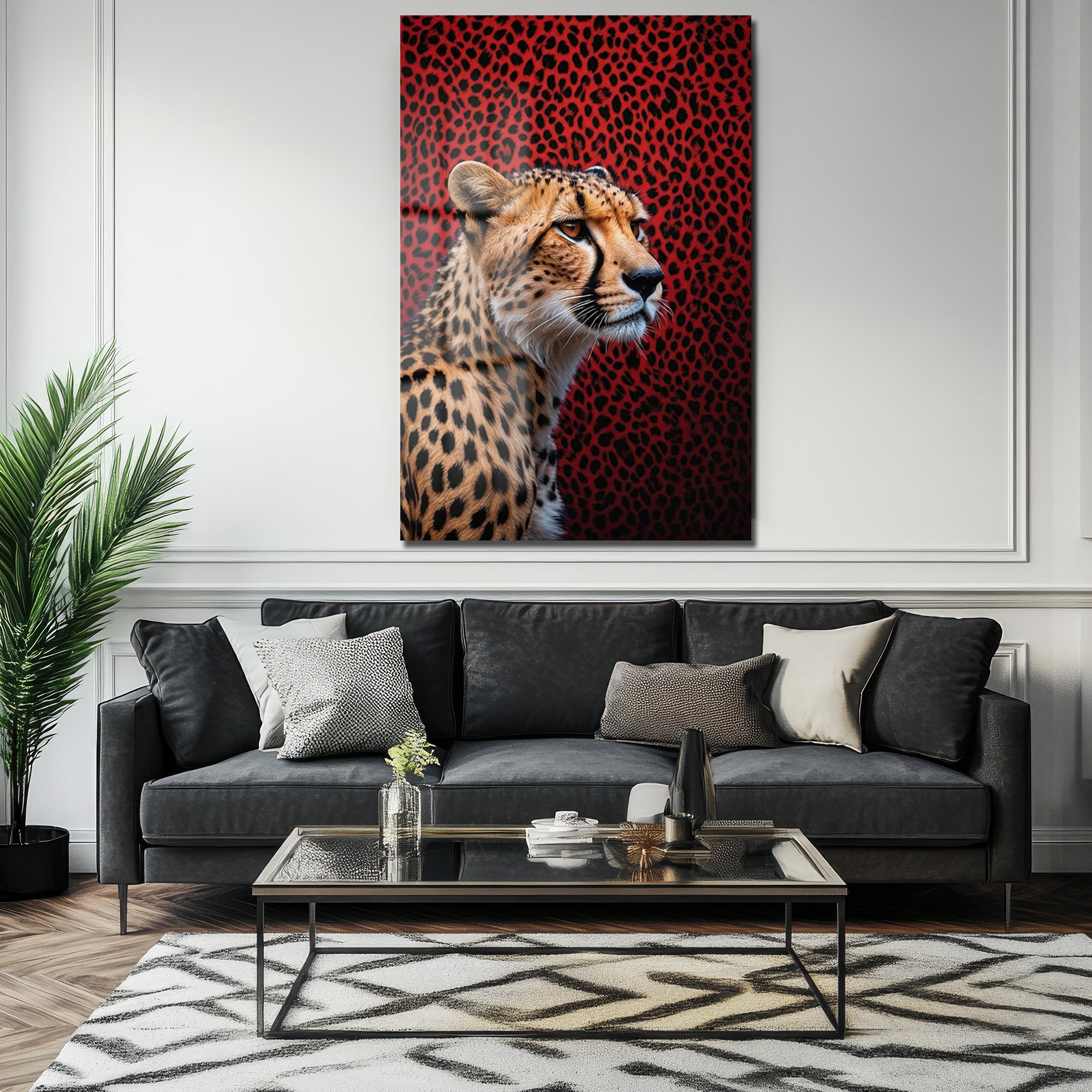 Vahşi Çita Kırmızı Leopar Desenli Modern Cam Tablo