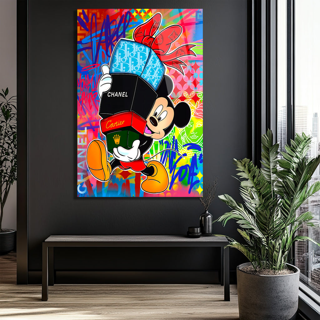 Lüks Markalı Sevimli Fare Pop Art Cam Tablo