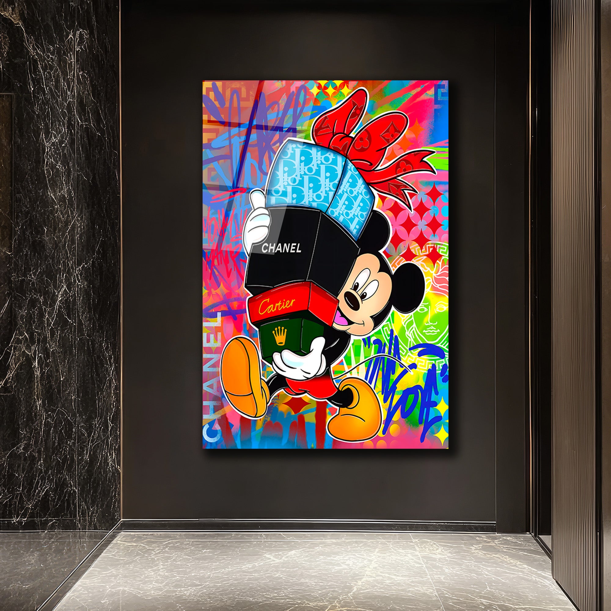 Lüks Markalı Sevimli Fare Pop Art Cam Tablo
