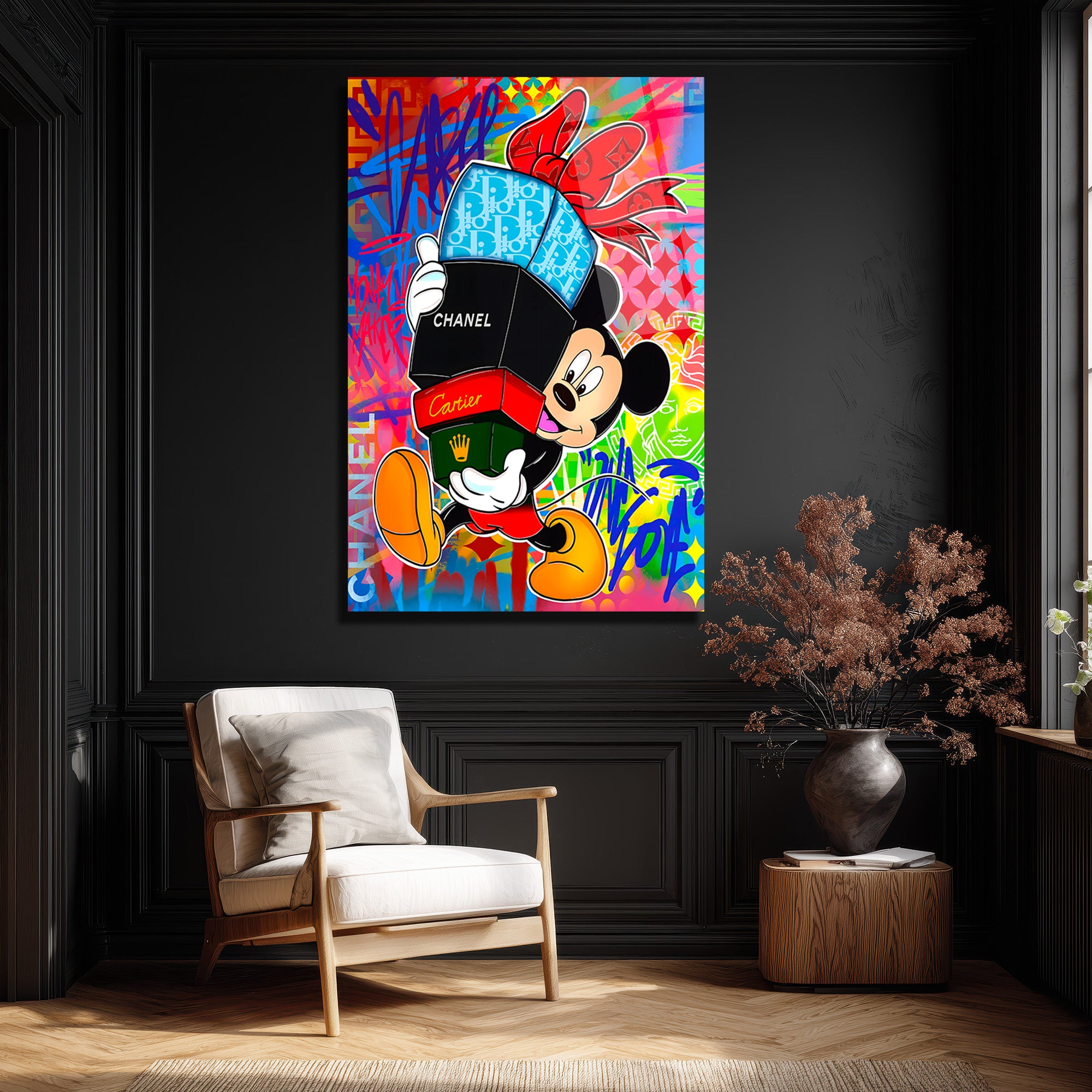 Lüks Markalı Sevimli Fare Pop Art Cam Tablo