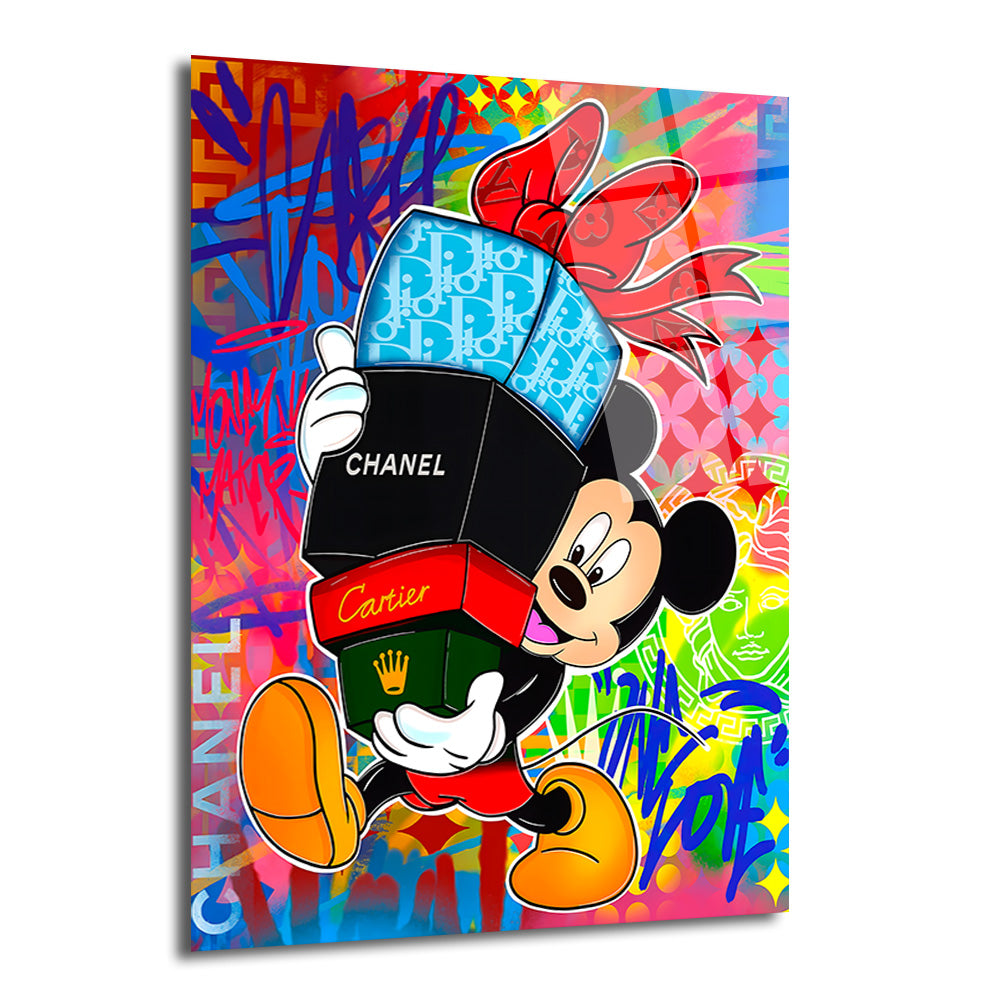 Renkli graffiti arka planı üzerinde,   hediye kutularını taşıyan neşeli  karakterini gösteren pop art tarzı cam tablo.