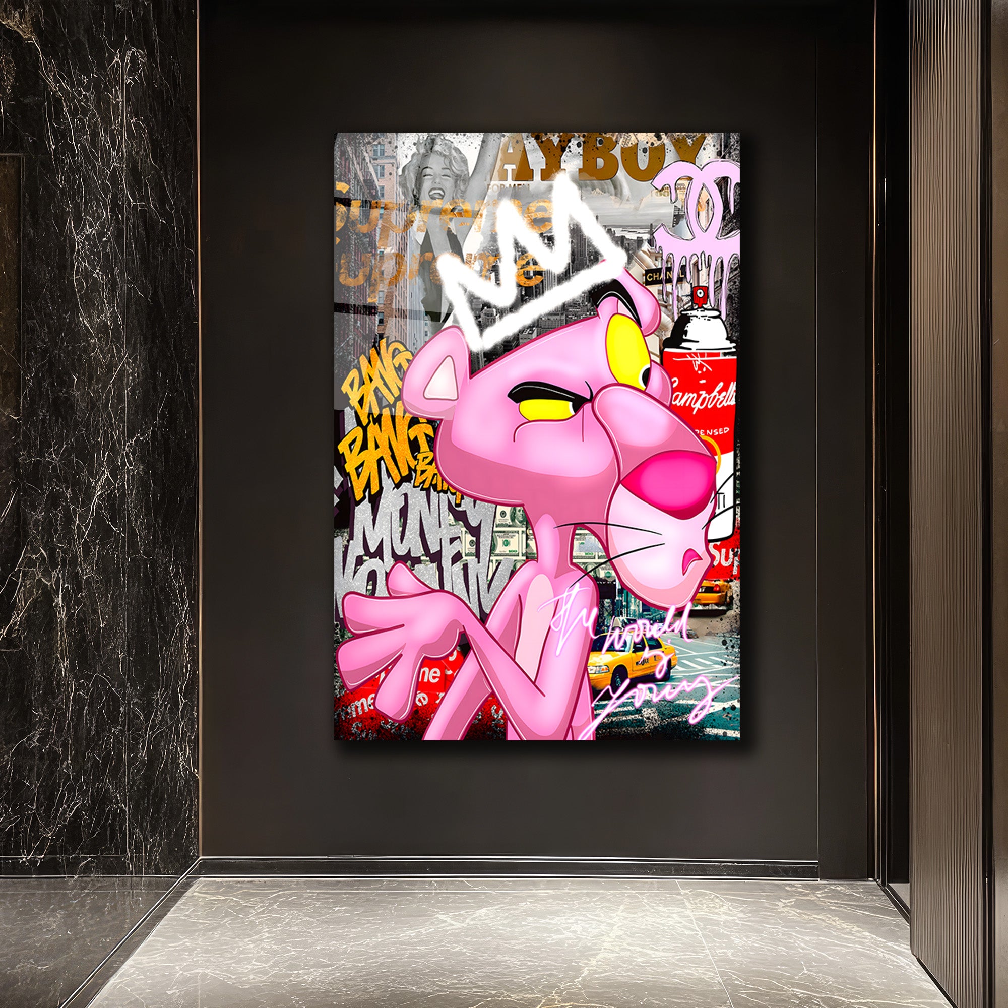 Kral Taçlı Sokak Sanatı Cam Tablo - Modern Pop Art Duvar Dekoru