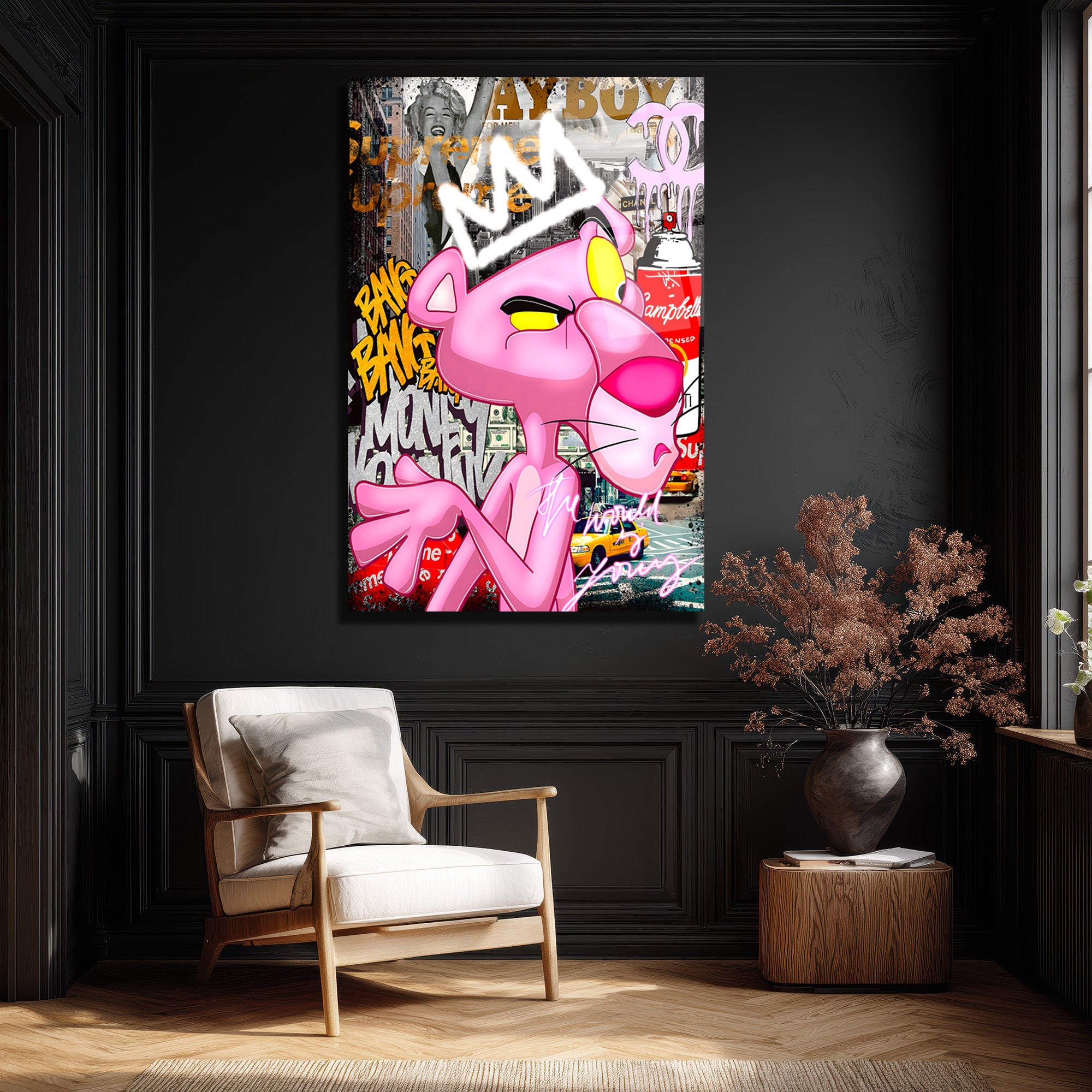 Kral Taçlı Sokak Sanatı Cam Tablo - Modern Pop Art Duvar Dekoru