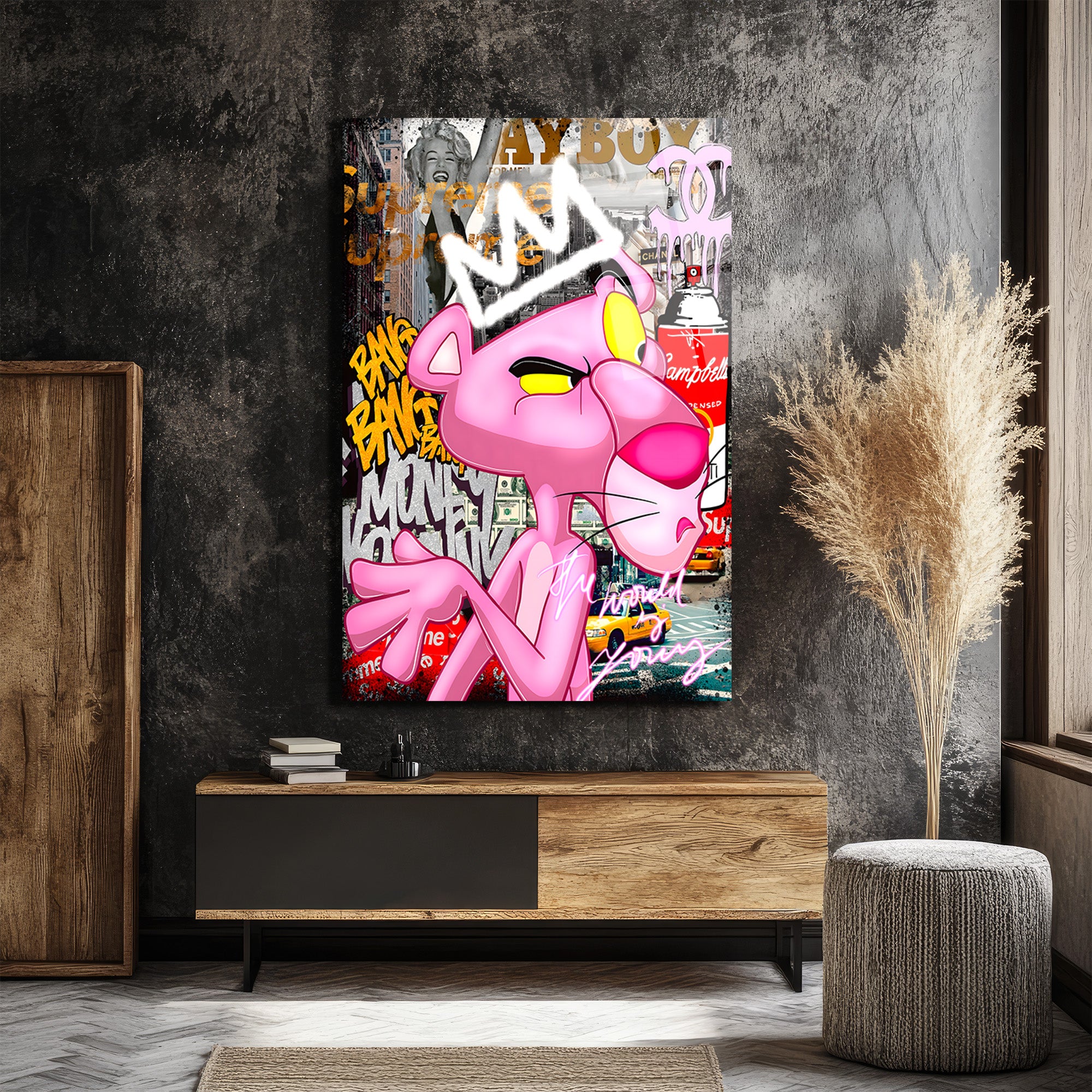 Kral Taçlı Sokak Sanatı Cam Tablo - Modern Pop Art Duvar Dekoru