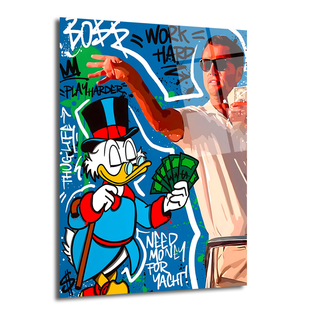 Mavi graffiti arka planında, elinde deste deste para tutan Şansal Amca) ve karizmatik bir iş adamı figürünün yer aldığı, üzerinde 'WORK HARD PLAY HARDER' gibi motivasyonel sözler bulunan dinamik ve renkli bir cam tablo.