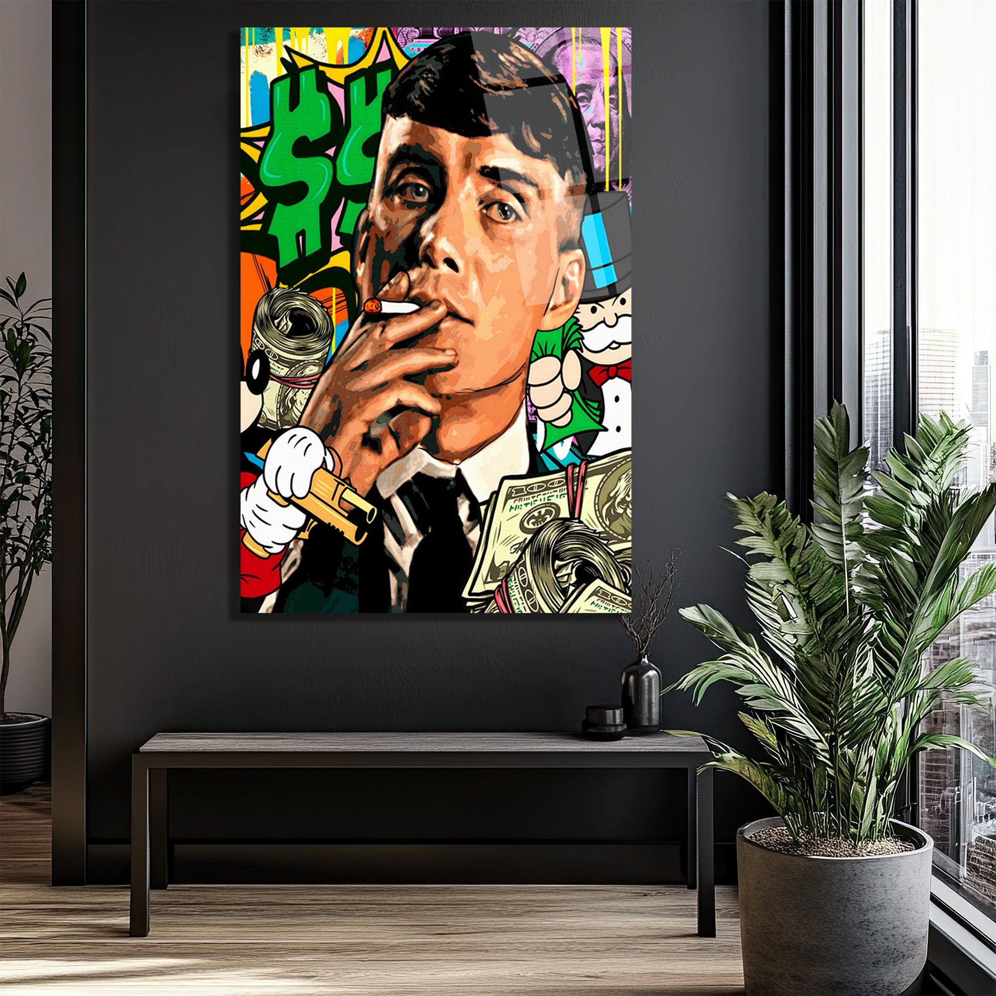 Hustle Ruhu: Street Art Para Temalı Modern Cam Tablo