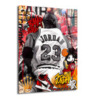 Michael Jordan'ın 23 numaralı formasıyla sırtı dönük görüldüğü, kırmızı, siyah, beyaz ve sarı tonlarda graffiti ve pop art öğeleri içeren dinamik bir cam tablo. Arka planda basketbol, Mickey Mouse, Air Jordan ayakkabısı ve 'BANG BANG' yazıları bulunuyor.