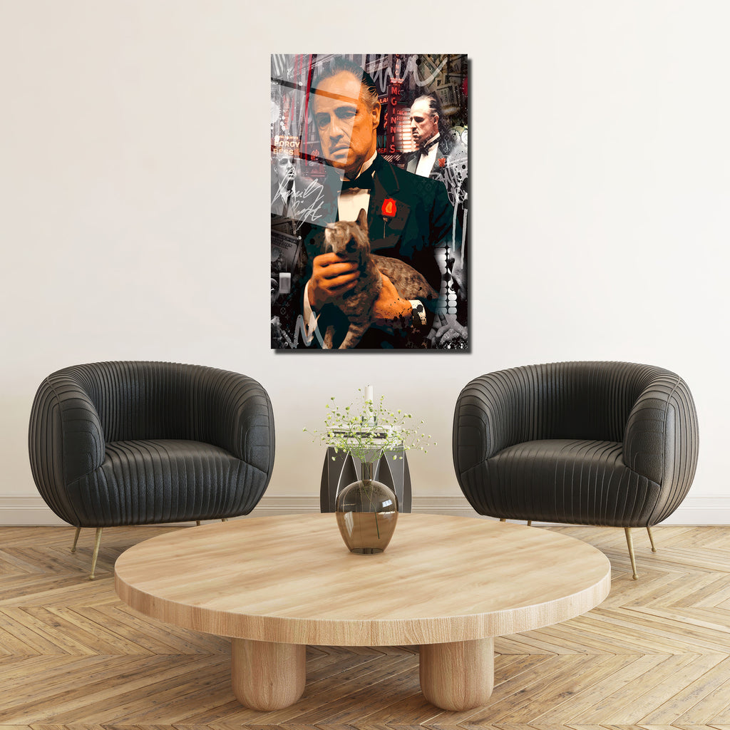 Vito Corleone Temalı Sanatsal Cam Tablo - Güç ve Karizma Duvar Dekoru