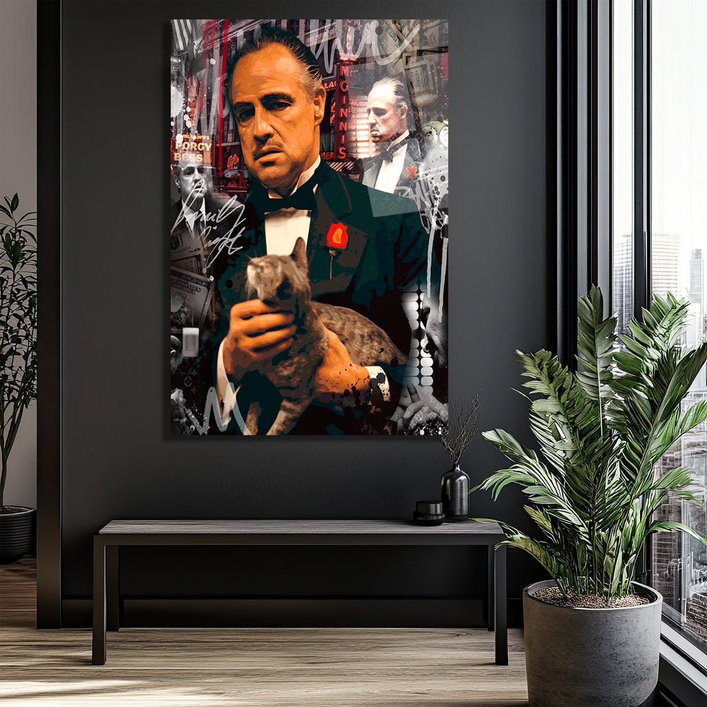 Vito Corleone Temalı Sanatsal Cam Tablo - Güç ve Karizma Duvar Dekoru