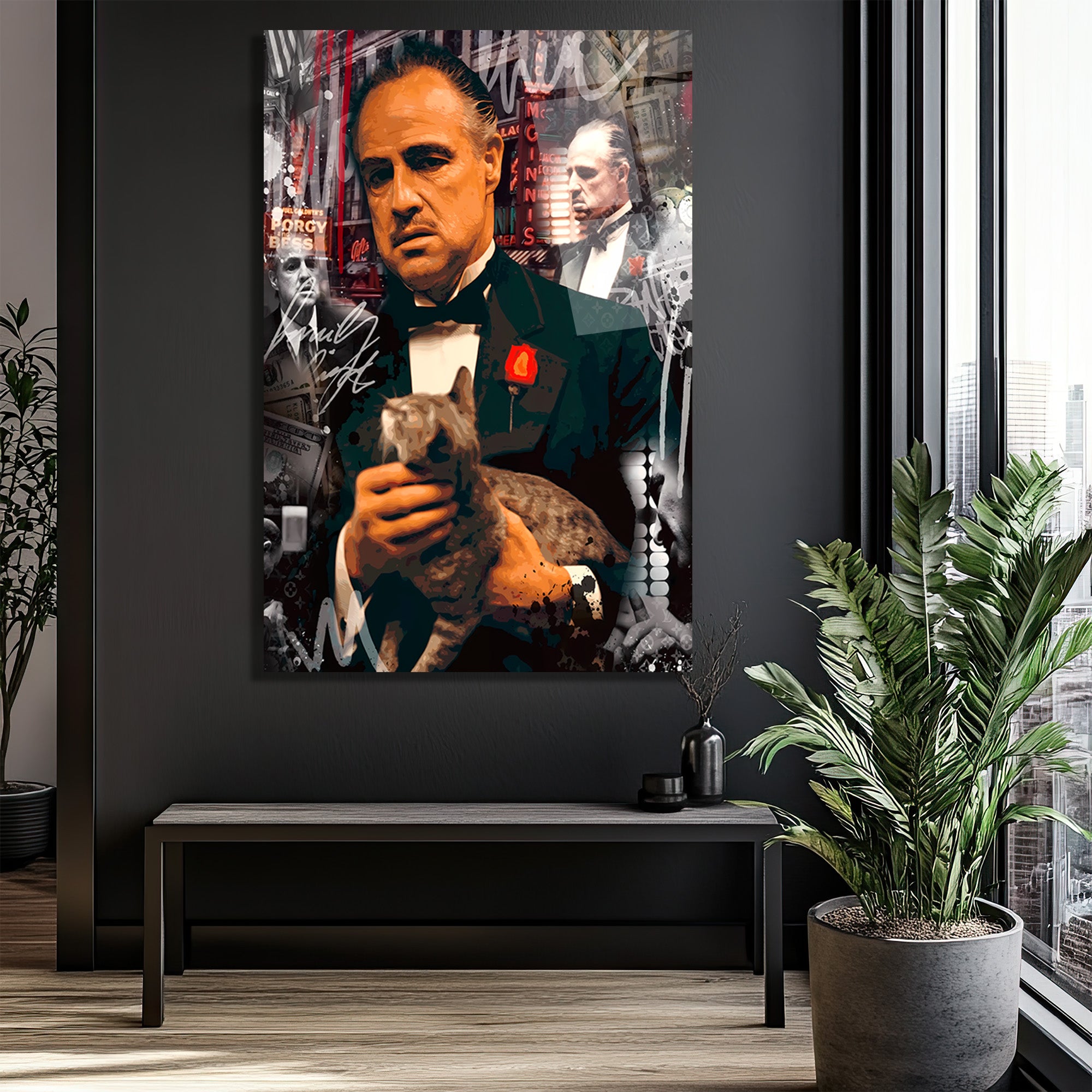 Vito Corleone Temalı Sanatsal Cam Tablo - Güç ve Karizma Duvar Dekoru