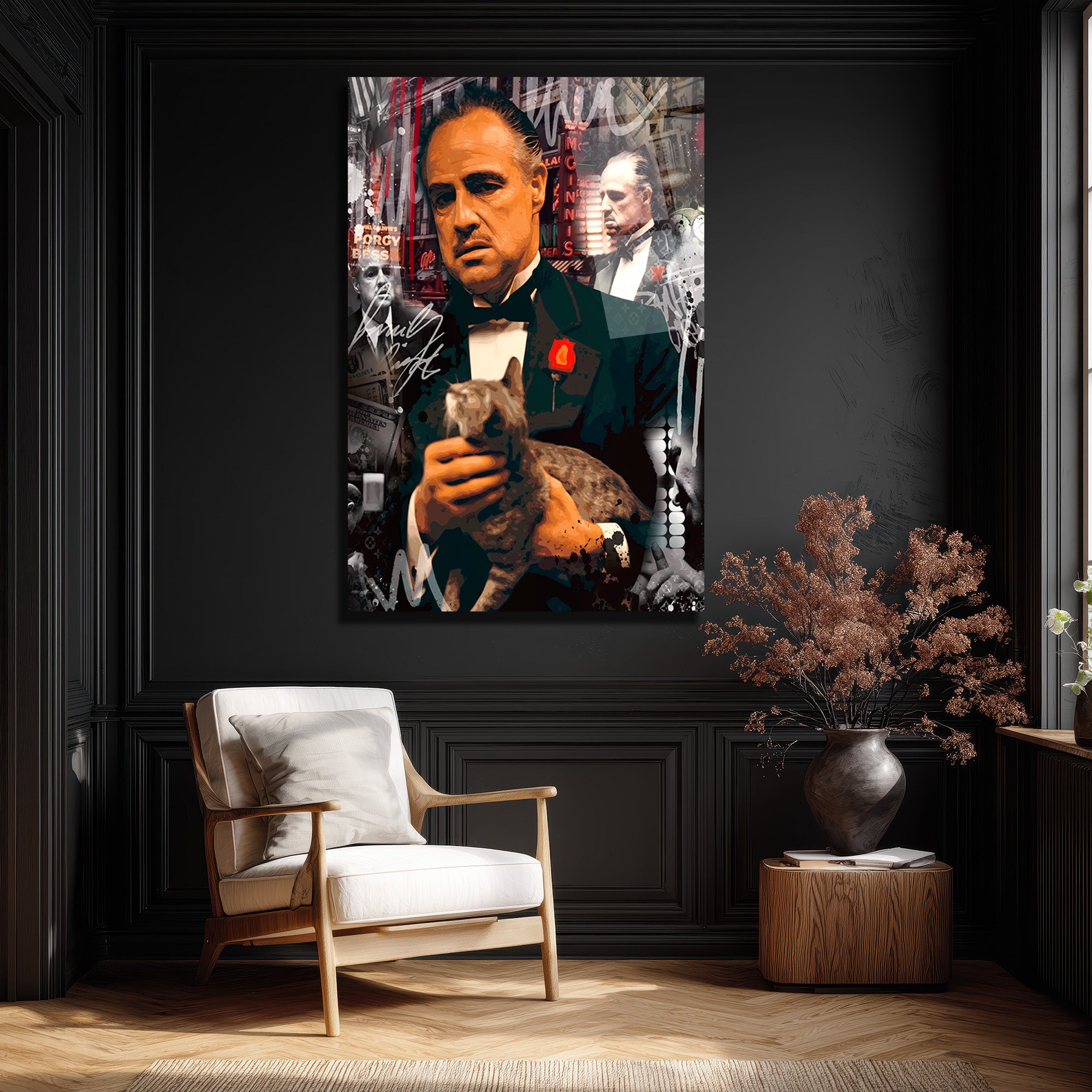Vito Corleone Temalı Sanatsal Cam Tablo - Güç ve Karizma Duvar Dekoru