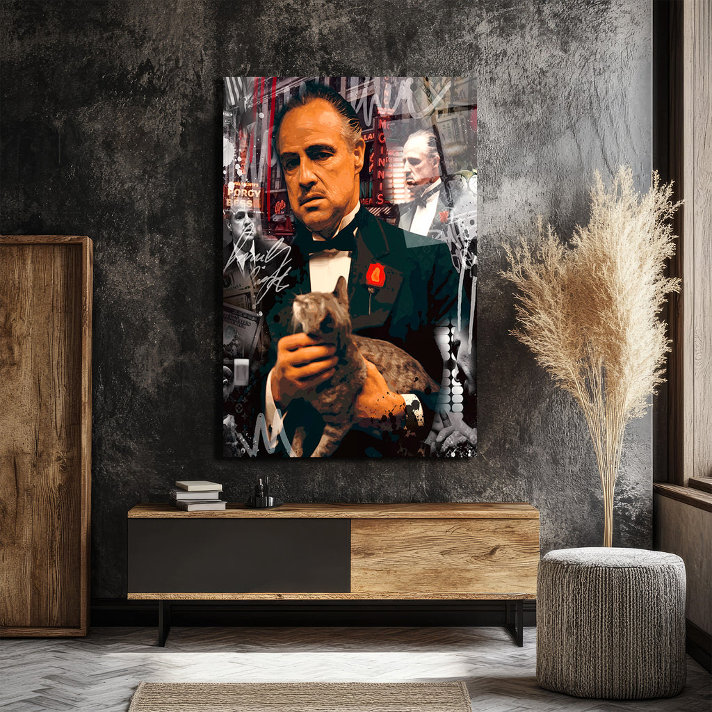 Vito Corleone Temalı Sanatsal Cam Tablo - Güç ve Karizma Duvar Dekoru