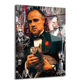 Vito Corleone'nin kedisiyle birlikte tasvir edildiği, arkasında şehir grafitileri, dolar banknotları ve soyut detaylar barındıran, koyu renklerin ve turuncu tonlarının hakim olduğu modern sanatsal cam tablo.