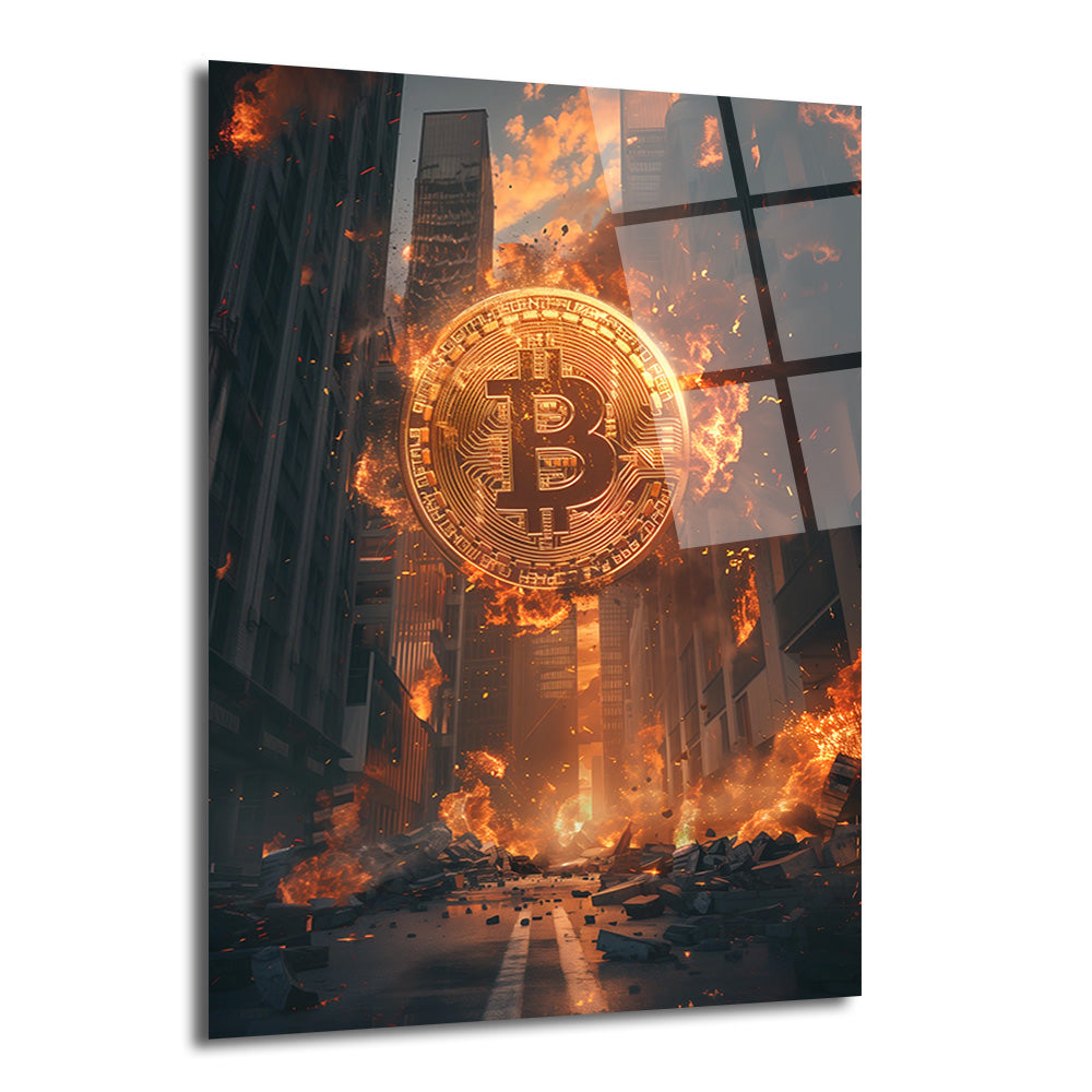Yanan bir şehirde yükselen, alevler içinde parlayan altın renkli Bitcoin sembolünü gösteren cam tablo. Yıkılmış binalar ve enkaz dolu sokaklar, dijital dünyanın gücünü ve etkisini vurguluyor.