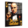 Siyah arka plan üzerinde, The Godfather filminden Vito Corleone'nin karizmatik portresi bulunan, sağ üst ve sol alt köşelerde altın kalp sembollü 'K' harfi ile iskambil kartı motifinde tasarlanmış cam tablo.