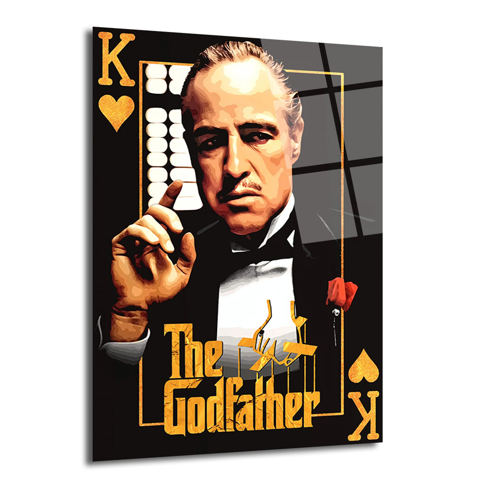 Siyah arka plan üzerinde, The Godfather filminden Vito Corleone'nin karizmatik portresi bulunan, sağ üst ve sol alt köşelerde altın kalp sembollü 'K' harfi ile iskambil kartı motifinde tasarlanmış cam tablo.