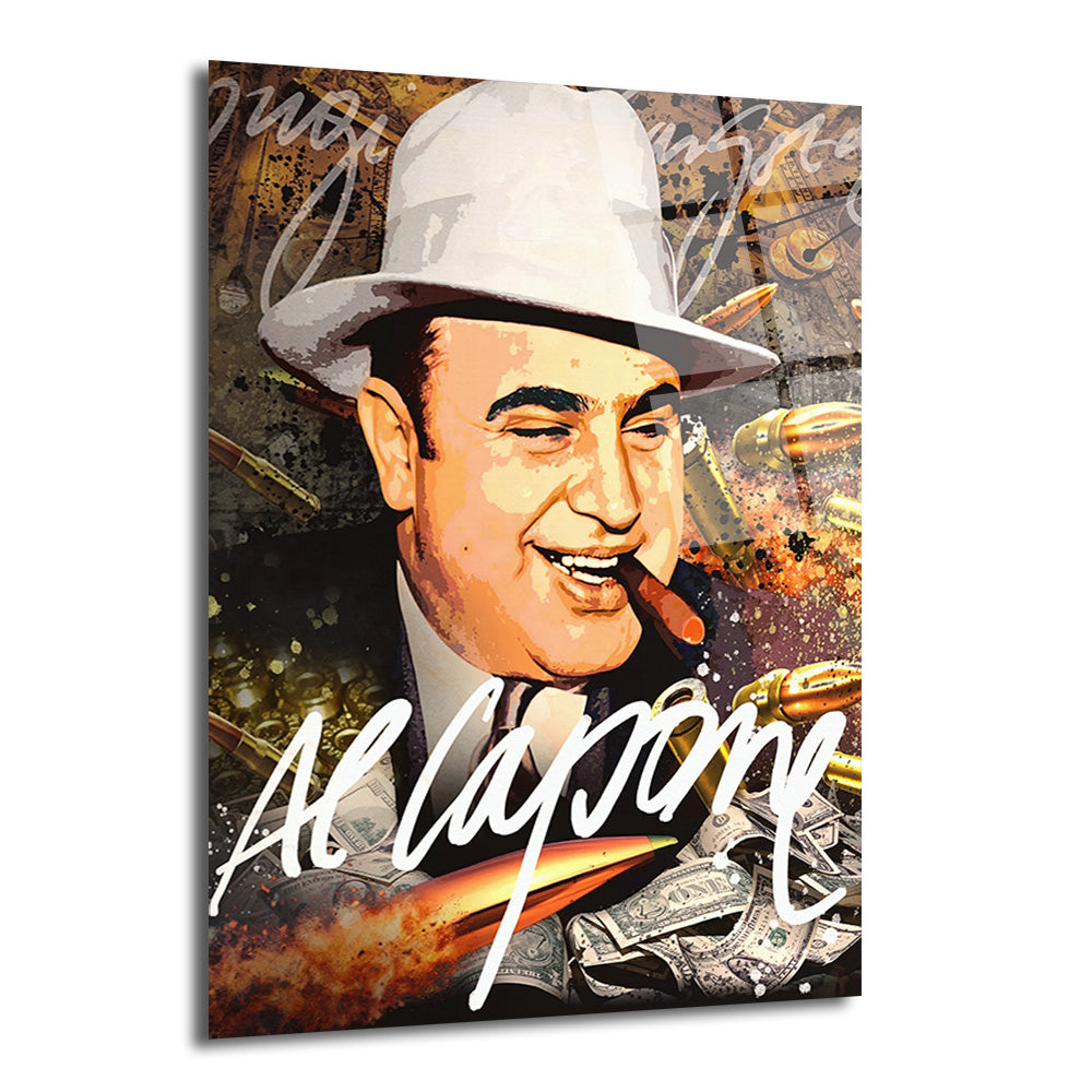 Beyaz şapkalı, puro içen gülümseyen Al Capone'un, para ve mermi görselleriyle çevrili, patlama efektli, pop art tarzı cam tablo.