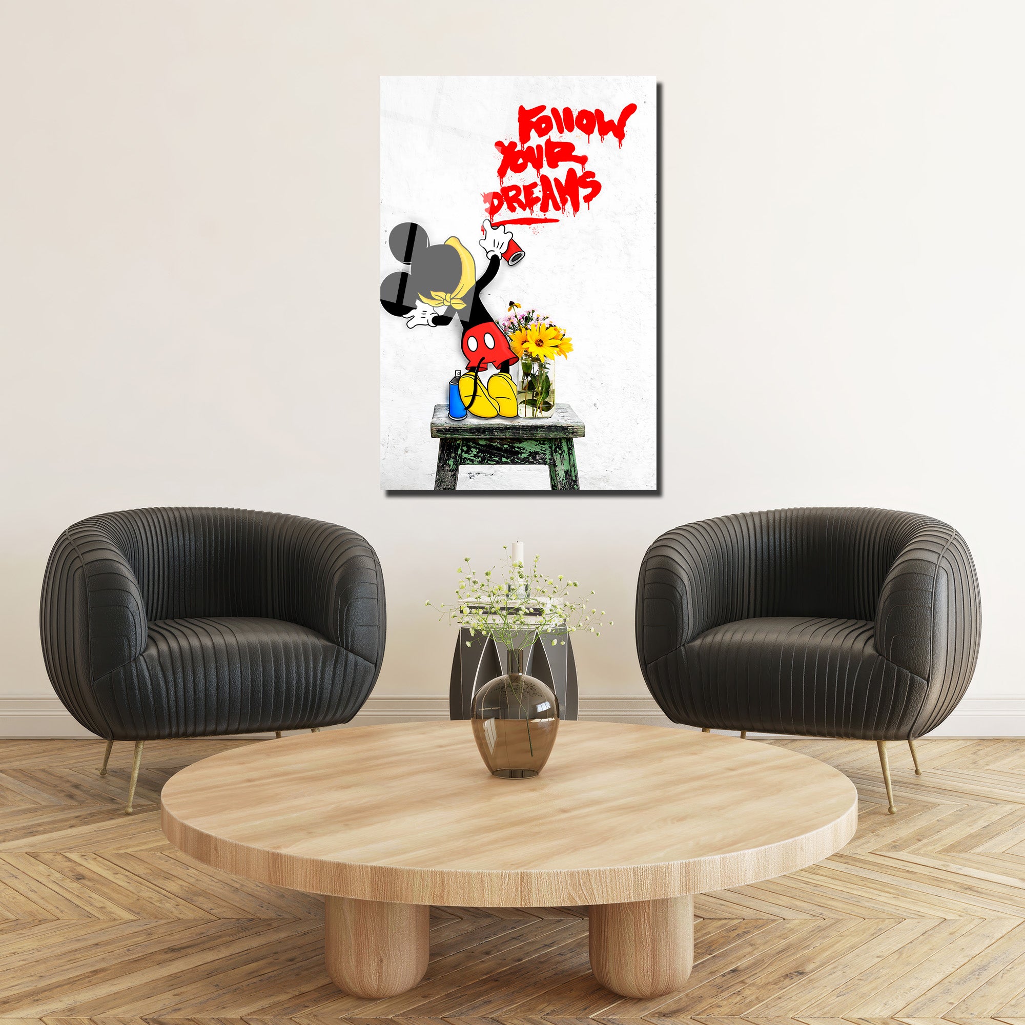 Banksy Tarzı  'Hayallerinin Peşinden Koş' Cam Tablo