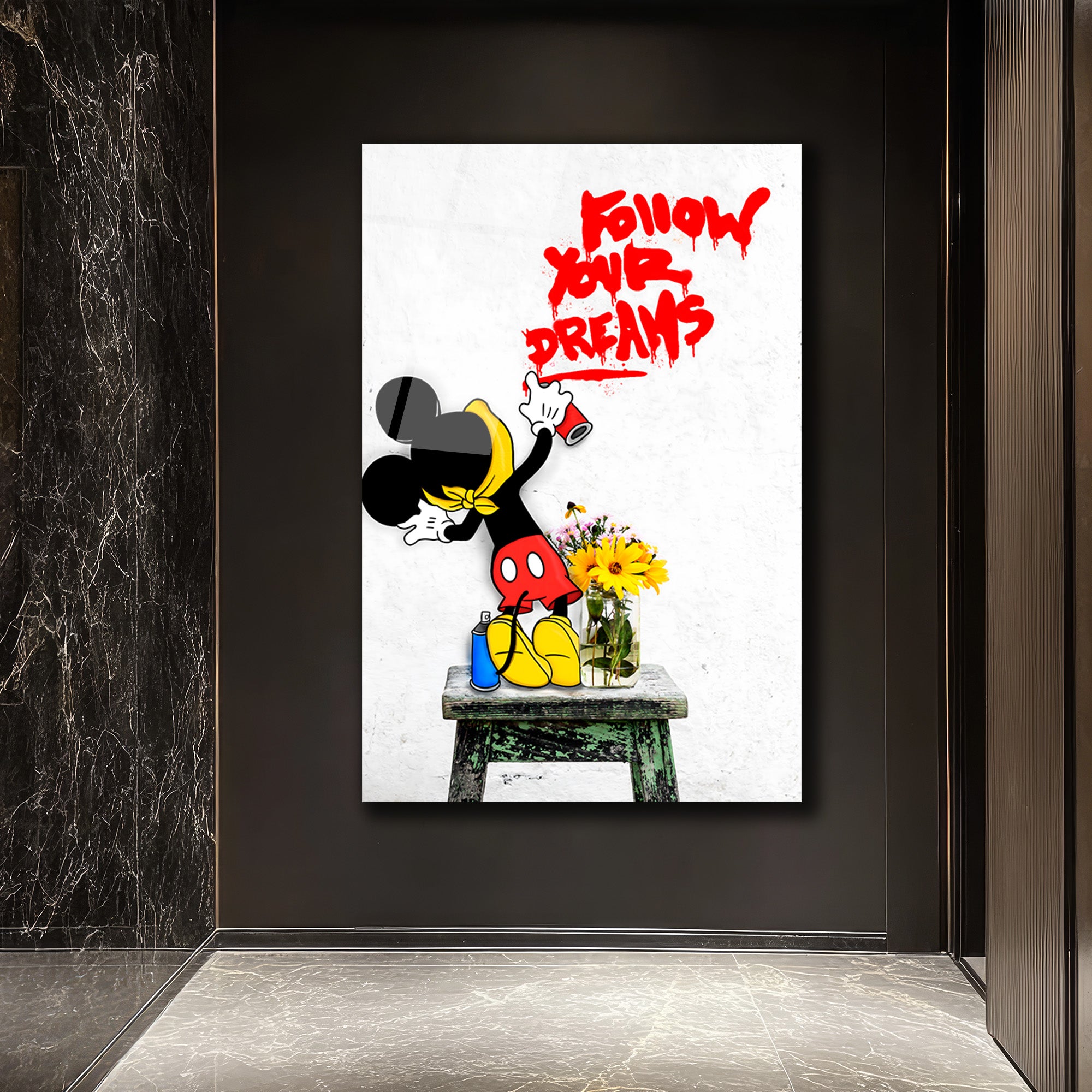 Banksy Tarzı  'Hayallerinin Peşinden Koş' Cam Tablo