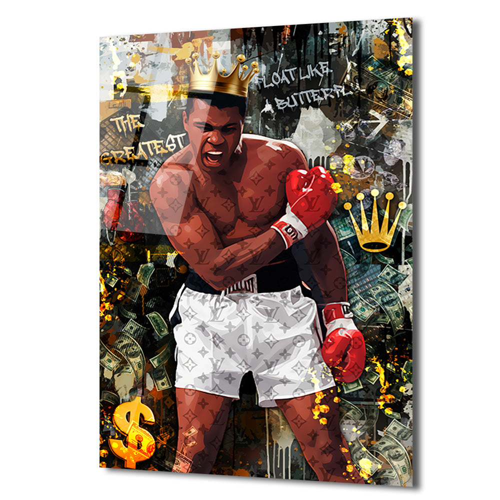 Muhammed Ali Kral Temalı Lüks Cam Tablo - Float Like a Butterfly
