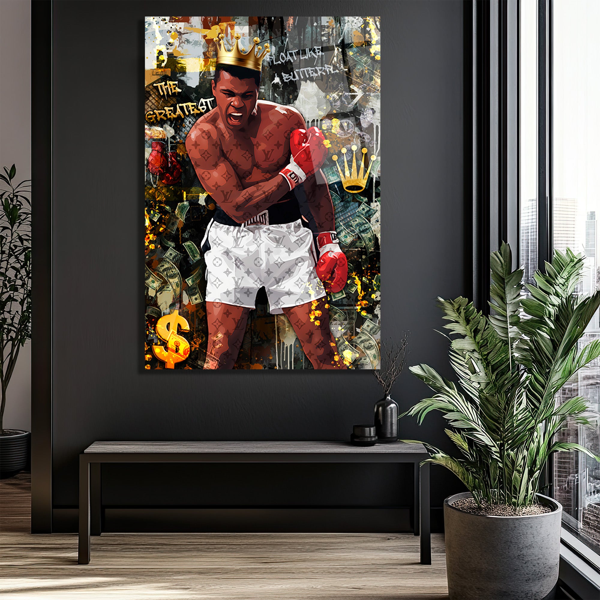 Muhammed Ali Kral Temalı Lüks Cam Tablo - Float Like a Butterfly