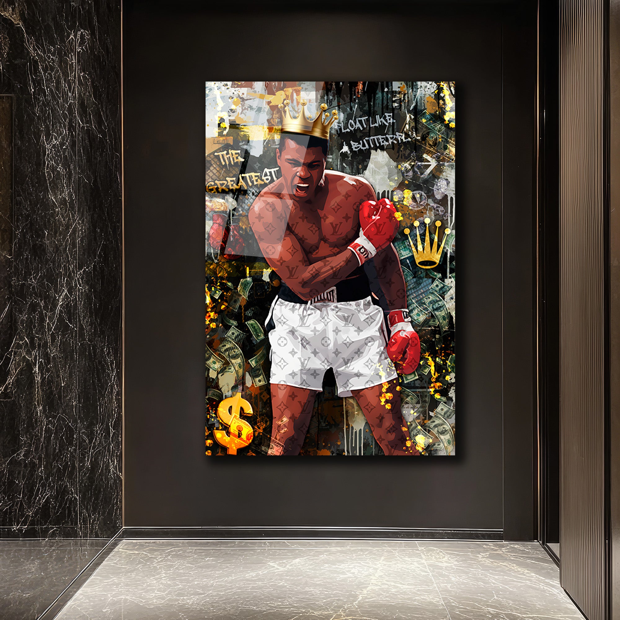 Muhammed Ali Kral Temalı Lüks Cam Tablo - Float Like a Butterfly