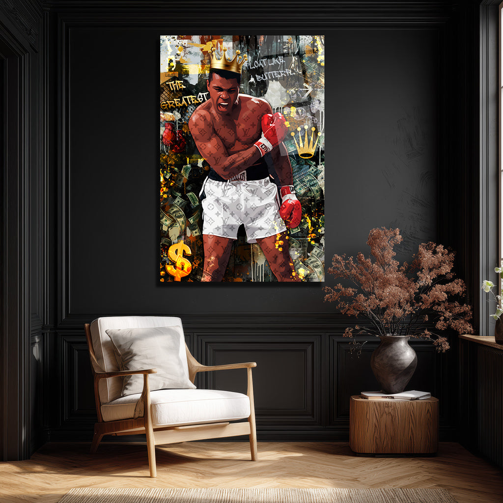 Muhammed Ali Kral Temalı Lüks Cam Tablo - Float Like a Butterfly