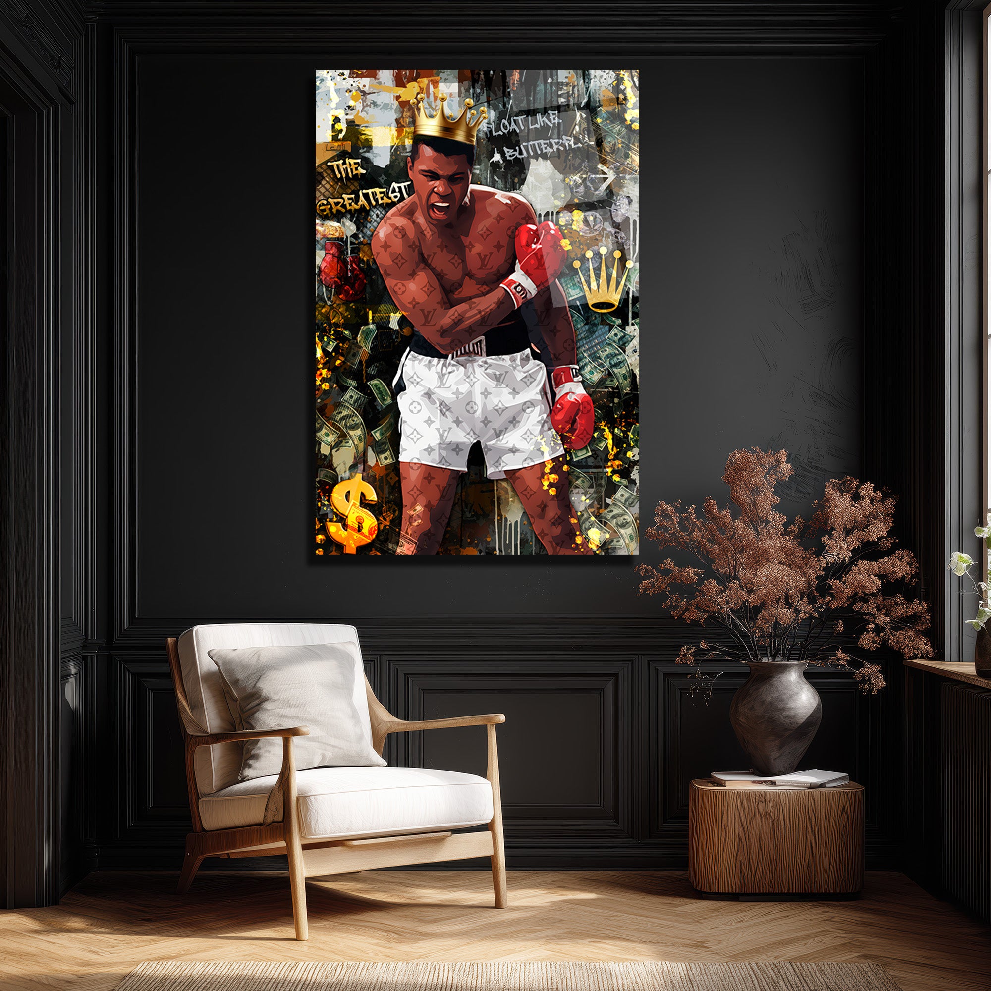 Muhammed Ali Kral Temalı Lüks Cam Tablo - Float Like a Butterfly
