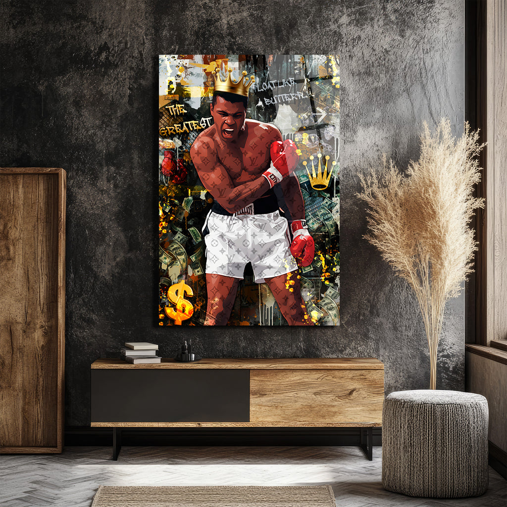 Muhammed Ali Kral Temalı Lüks Cam Tablo - Float Like a Butterfly