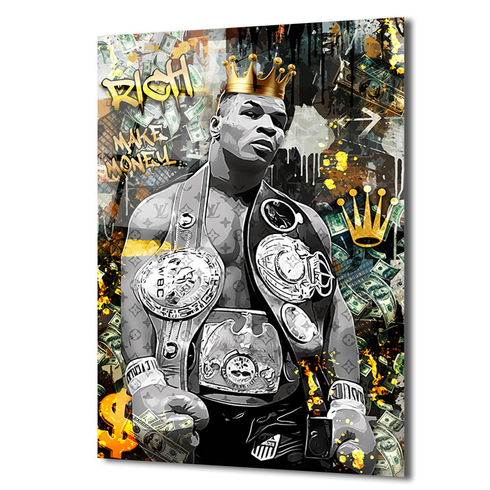 Demir Mike Tyson Kral Tacı ve Para Temalı Sanat Cam Tablo