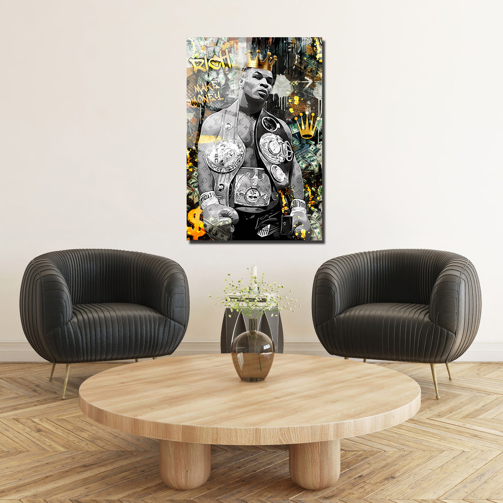 Demir Mike Tyson Kral Tacı ve Para Temalı Sanat Cam Tablo