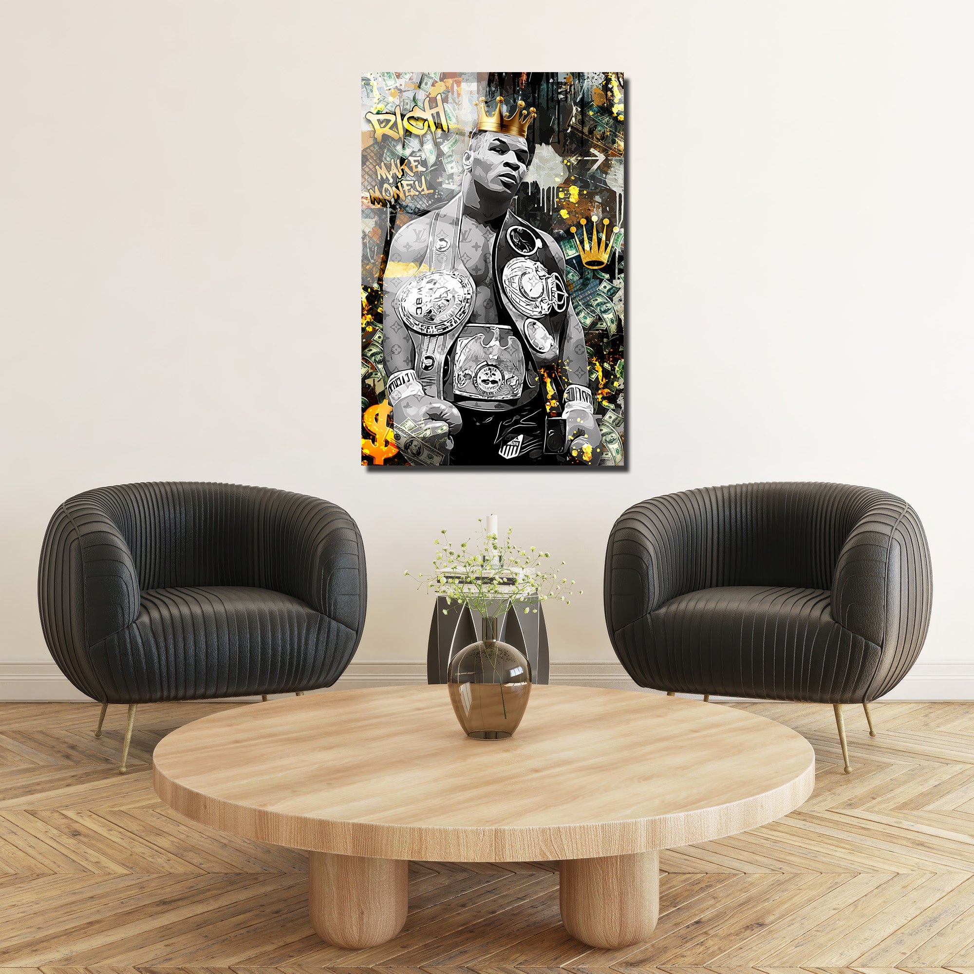 Demir Mike Tyson Kral Tacı ve Para Temalı Sanat Cam Tablo