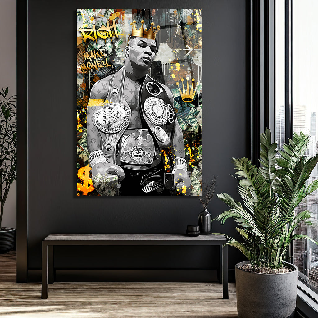 Demir Mike Tyson Kral Tacı ve Para Temalı Sanat Cam Tablo