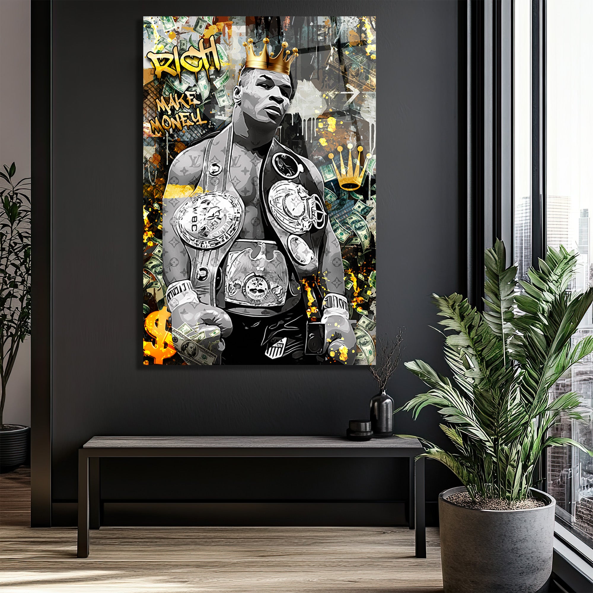 Demir Mike Tyson Kral Tacı ve Para Temalı Sanat Cam Tablo