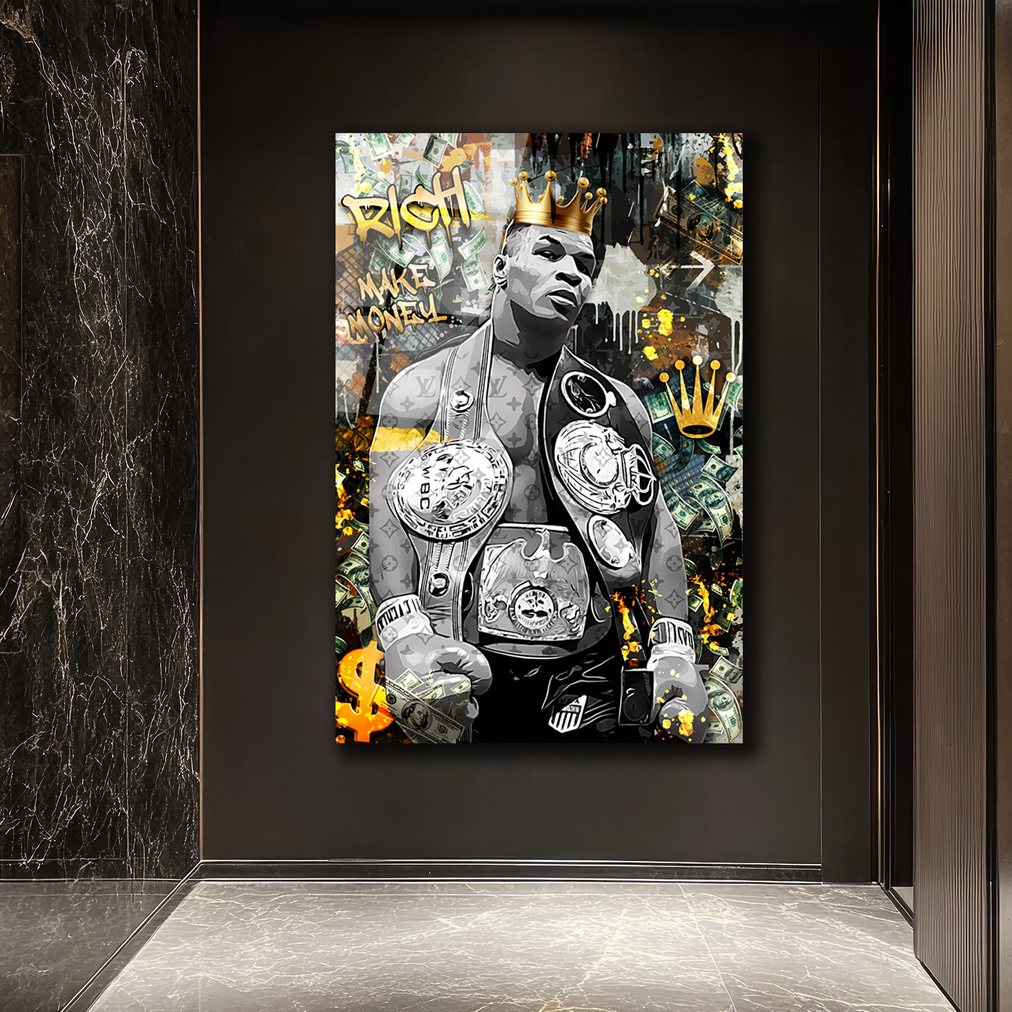Demir Mike Tyson Kral Tacı ve Para Temalı Sanat Cam Tablo
