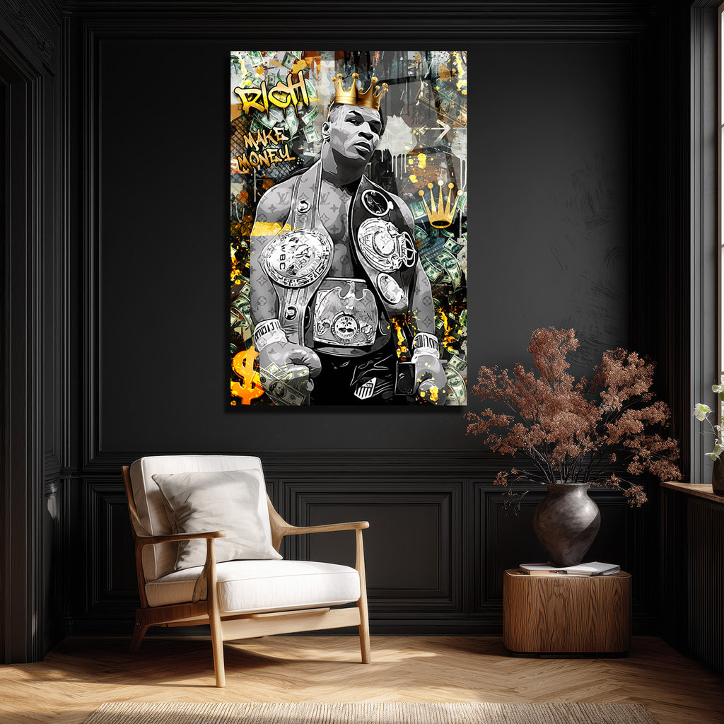 Demir Mike Tyson Kral Tacı ve Para Temalı Sanat Cam Tablo